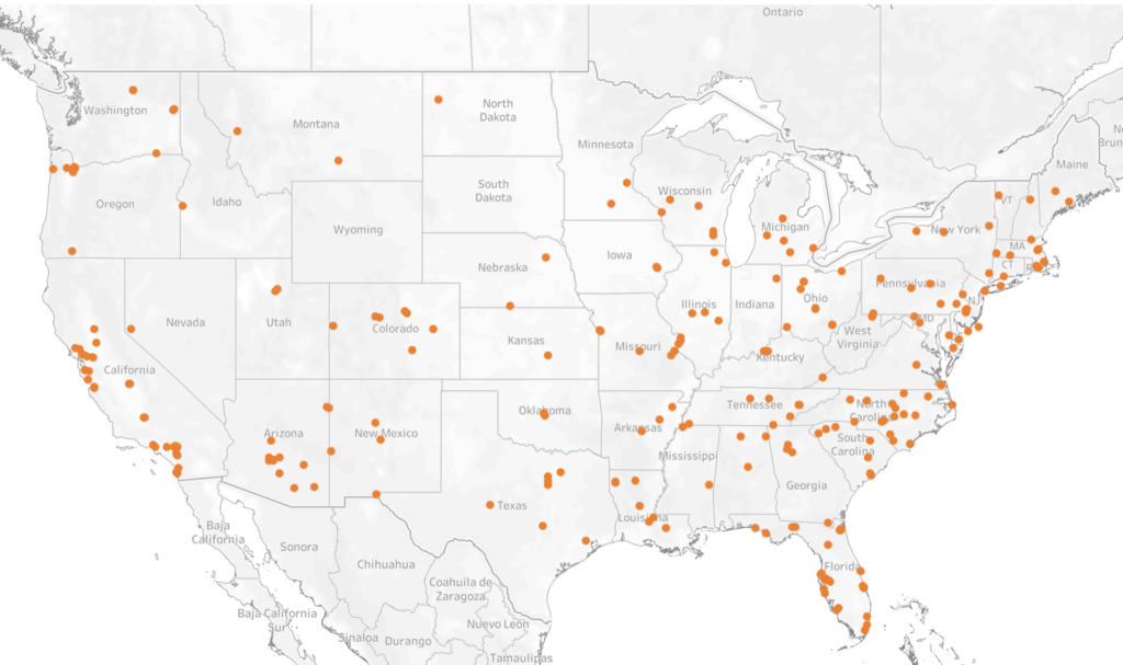 U.S. map with locations of rural mobile clinics